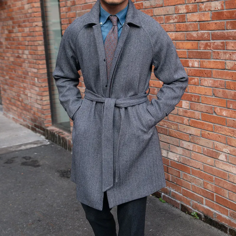 NonRestrictive Movement Design Men's Herringbone Wool Slim Fit Mid Length Coat