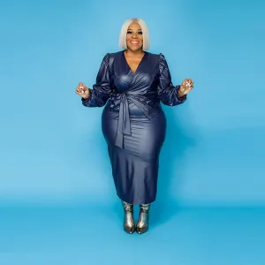 Chic Waistband Design Women's Eco-Leather Plus Size Wrap Dress