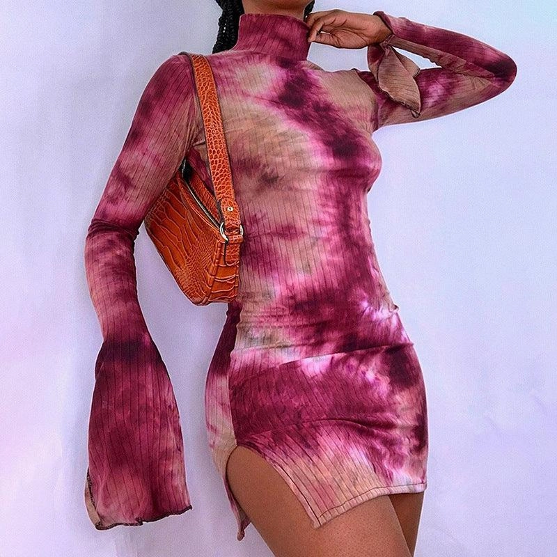 Ombre-Effect Chic Tailoring Design Flared Sleeve Sexy High Slit Bag Hip Print Dress