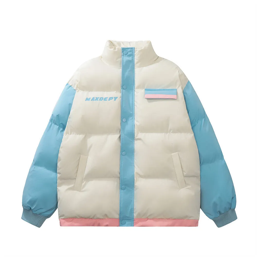 Contrast Color Thickened Puffer Jacket Cotton-padded Coat Winter Men Glossy Finish