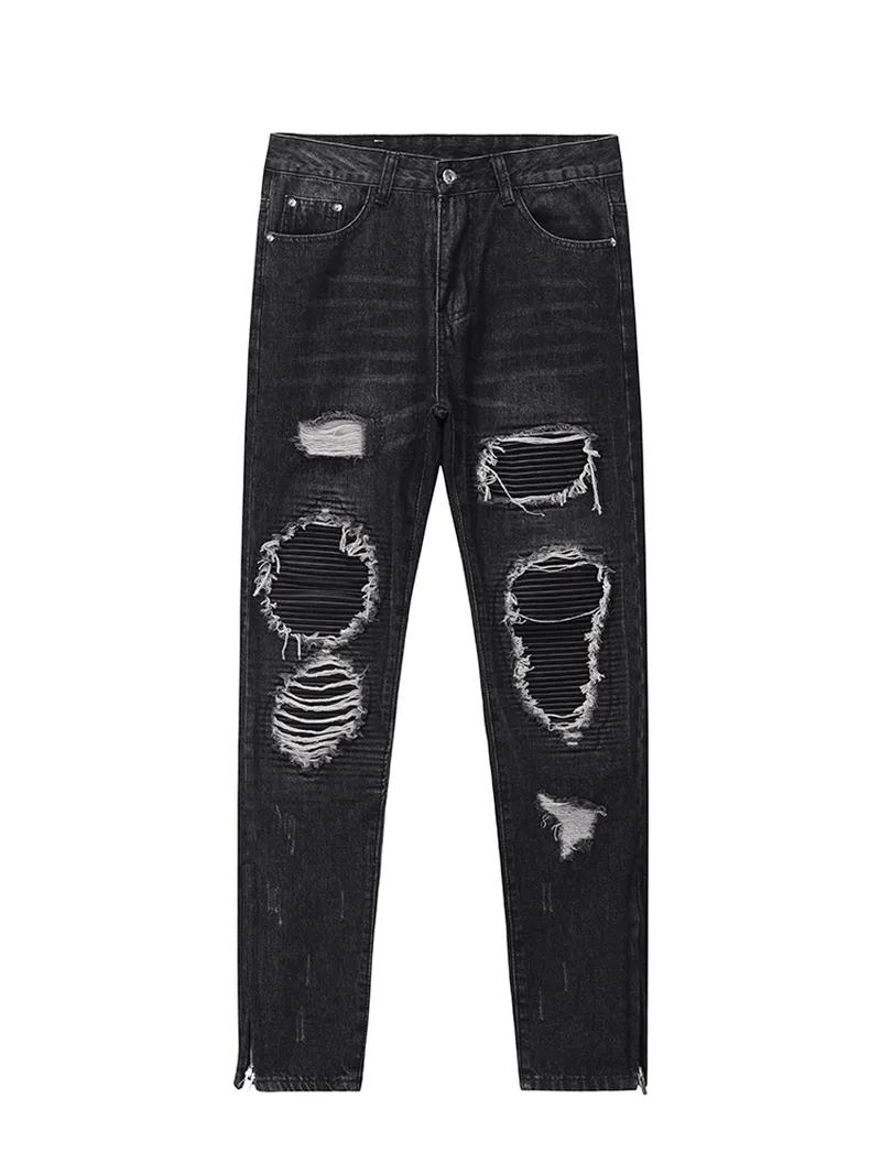 Active Appeal Stretchable Wear Men Ripped Patch PU and Leather Zipper Jeans