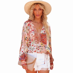 Standalone Option Spring And Summer Floral V-neck Long Sleeve Loose Casual Shirt