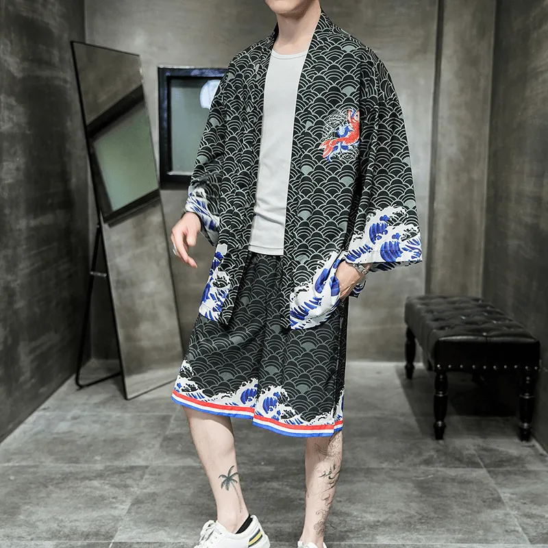 Men'S New Style Men'S Fashion Trend Chinese Style Yunxiao Red Carp Waves Kimono Cardigan Cloak Men Two Tone Design SeamSealed Edges