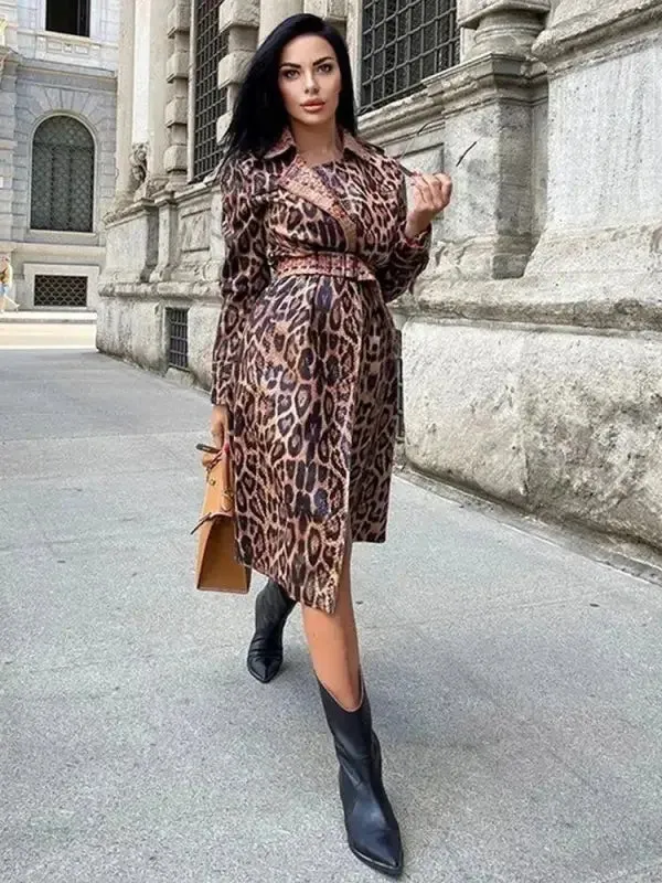Breathable Stretch Fabric Leopard Mid-Calf Women Coat