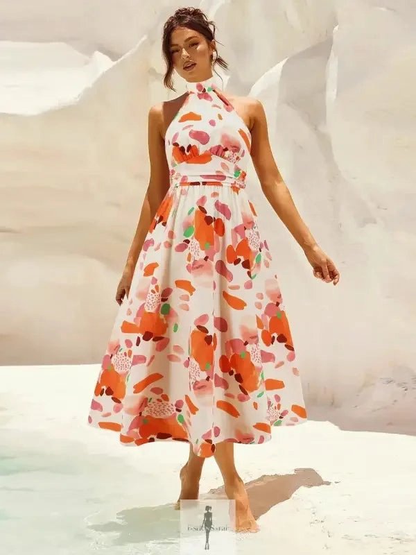 Sunscreen Compatible Ruched Halter Neck Sleeveless Dress