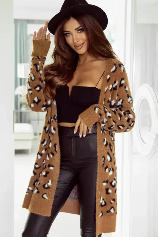 Brown Leopard Print Cardigan Warm Sweater