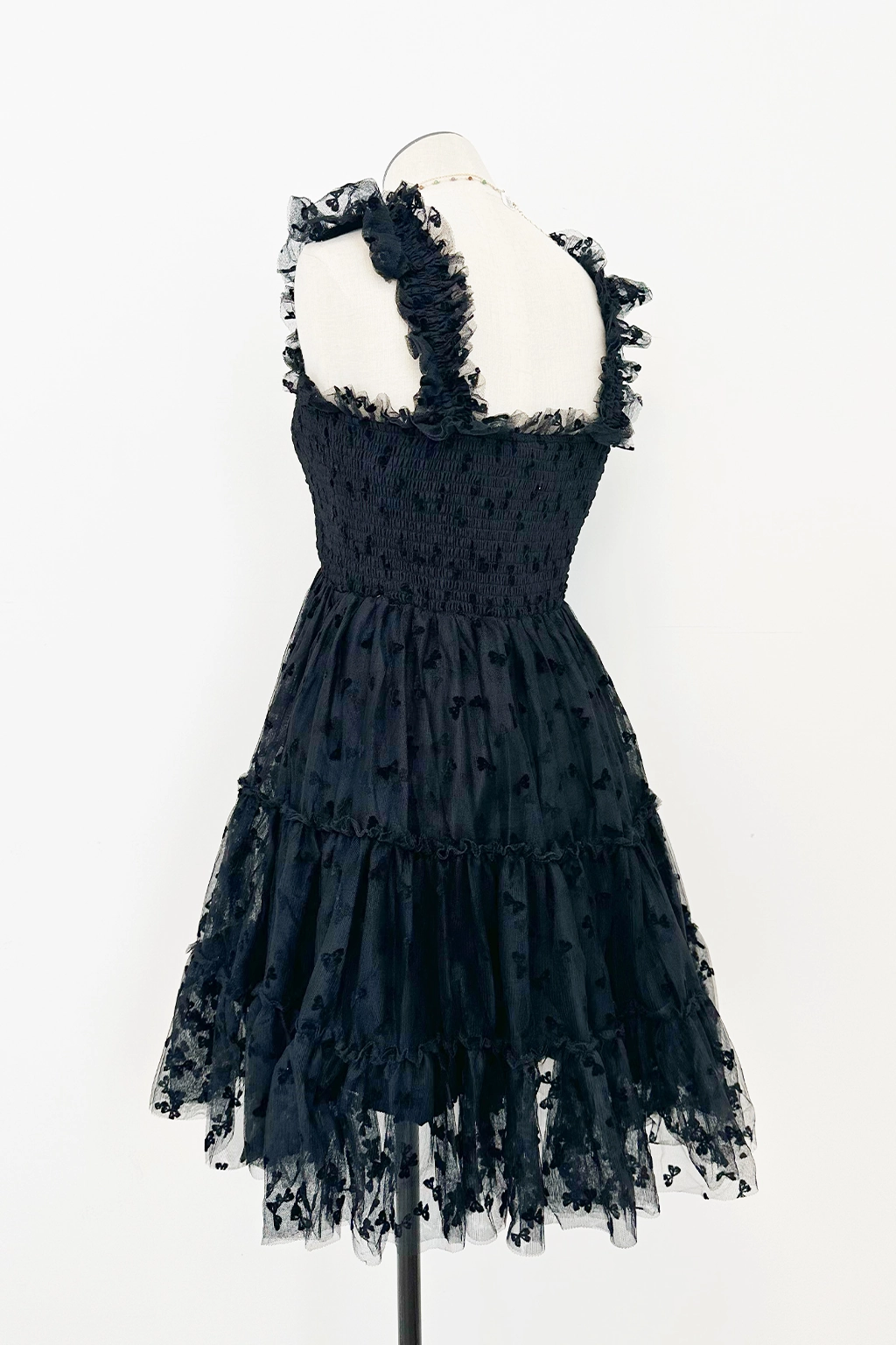 Asymmetric-Neck Flocked Tulle Mini Dress