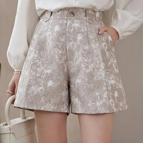 Day Trip Wear Floral Jacquard High Waist A-Line Shorts with Metal Buttons