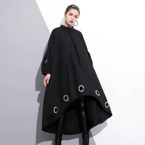 Chic and Stylish Daywear Mood Women's Long Sleeved Black Dress with Metal Rings