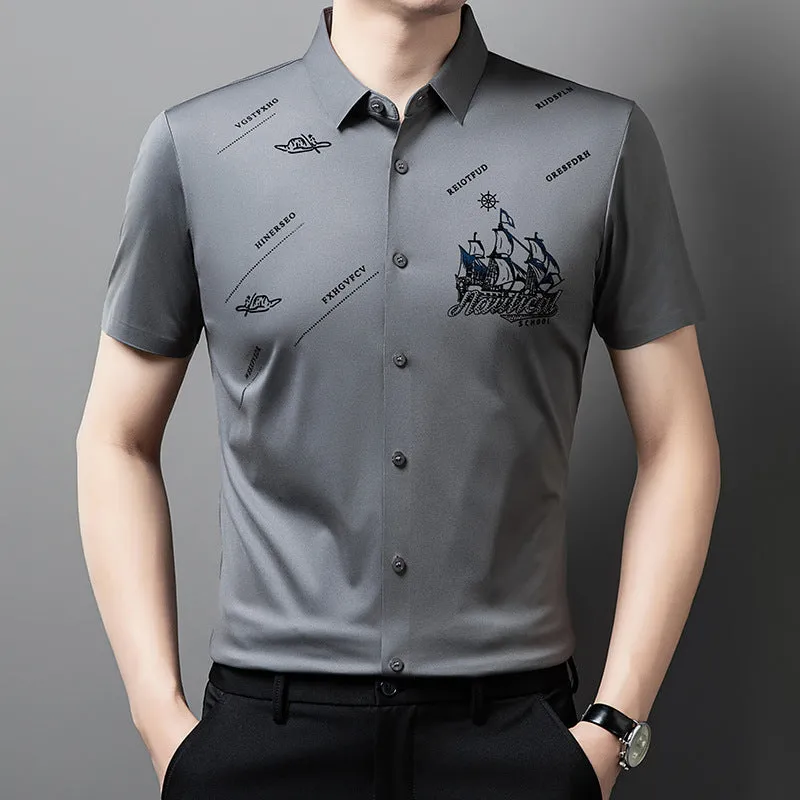 Men's Rhinestone Printed Short-sleeved Shirt Reinforced Shoulder