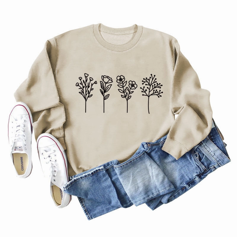 country style relaxed shape Four Flowers Printed Casual Long Sleeve Sweatshirt