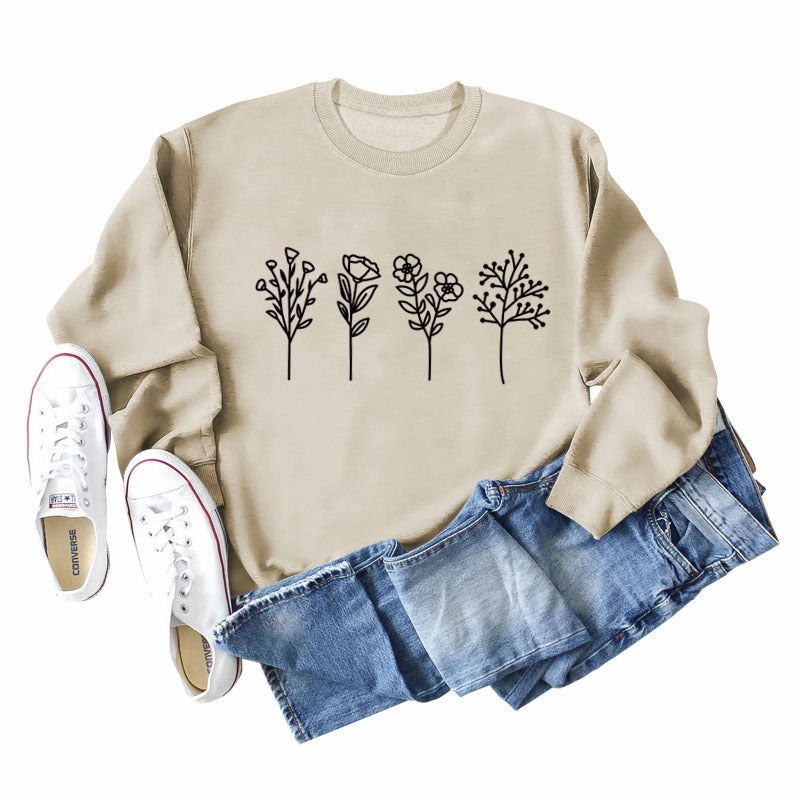 Four Flowers Printed Casual Long Sleeve Sweatshirt Home Office