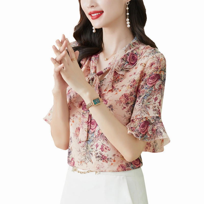 Lightweight texture Premium Option Fragmented Chiffon Shirt Top For Women's Fashionable And Westernized V-neck