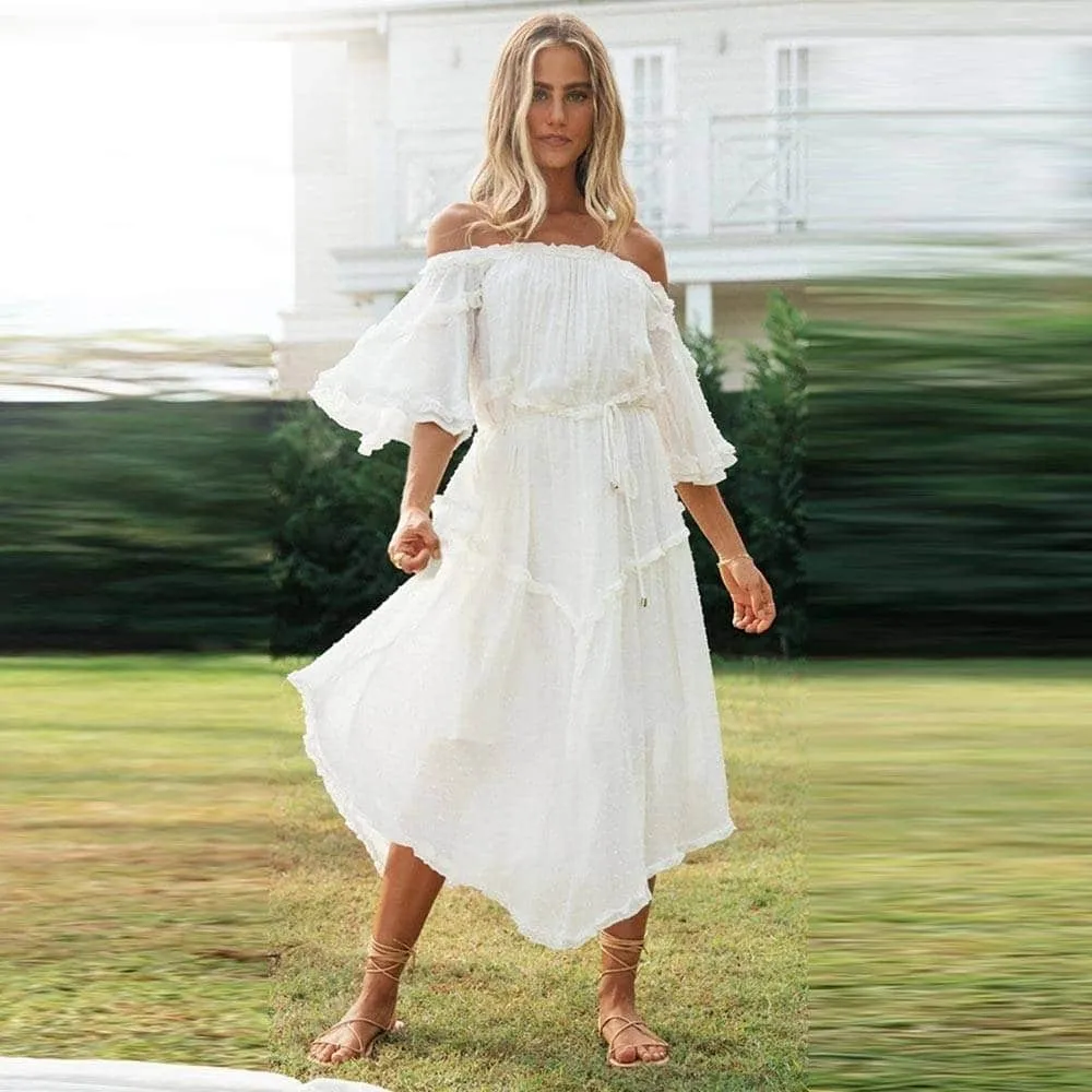 Mood Booster Freedom White Off shoulder Midi Dress for Women
