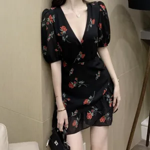 French Ruffled Floral Dress Women Flawless Waist Fit Subtle Flex