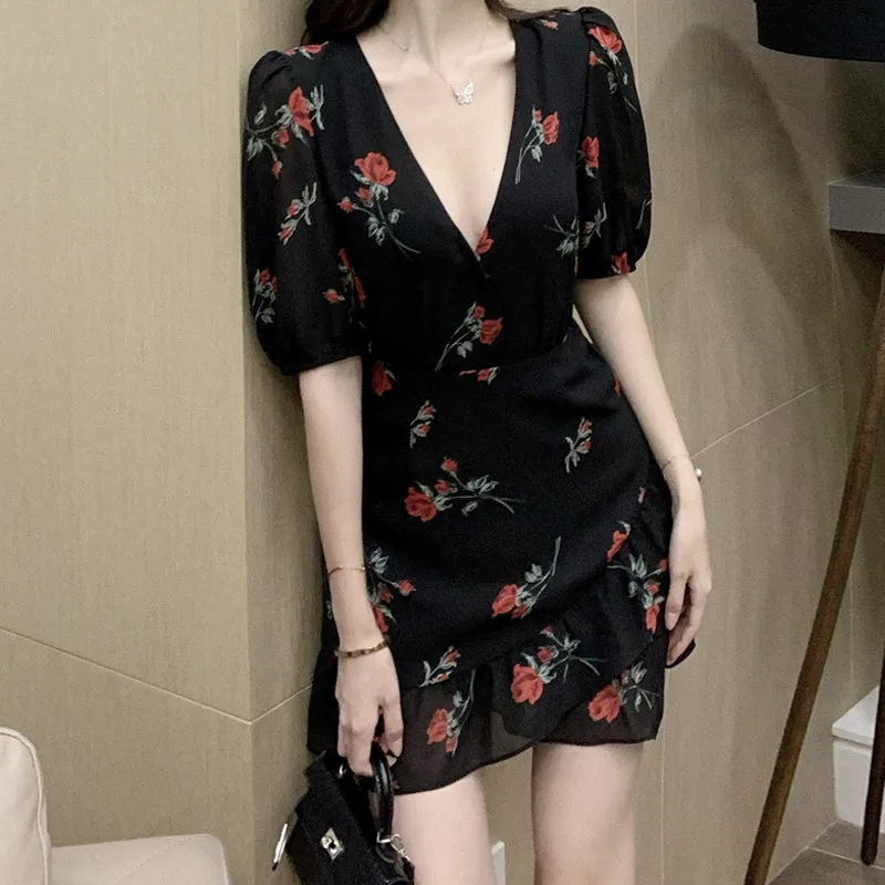French Ruffled Floral Dress Women Flawless Waist Fit Subtle Flex