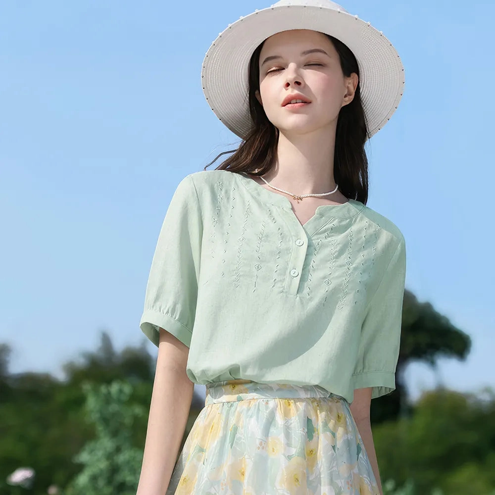 Breathable mesh French Geometric Embroidery V-Neck Women's Blouse