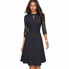 Solid Color Hollow Out Women's Dress with Lace Sleeves Effortless Layer Wear Chic Energy
