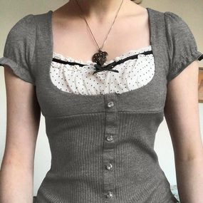 French Style Girls Contrast Color Stitching Square Collar Short Sleeve Knitwear Button Slim Fit Wooden Ear T-shirt Seasonal Essential