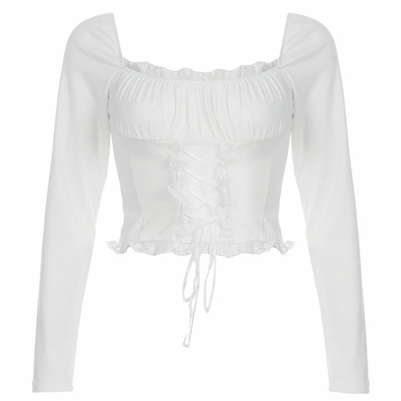 French Style Square Collar Lace Lace Band Long Sleeve Top Impact Absorbing Back Panels
