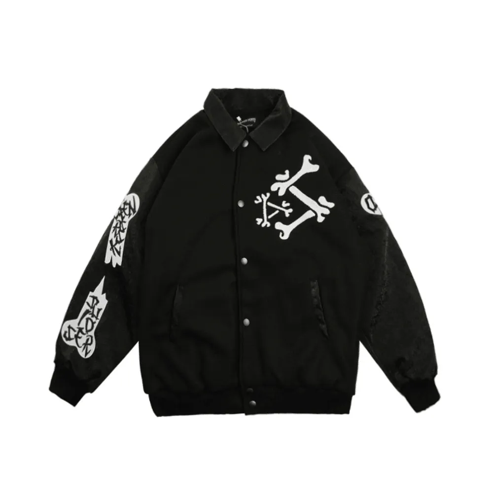 Soft Interior Brushing Tear Resistant Material Skeleton Embroidery Jacket Coat Loose Lapel Stitching Baseball Uniform