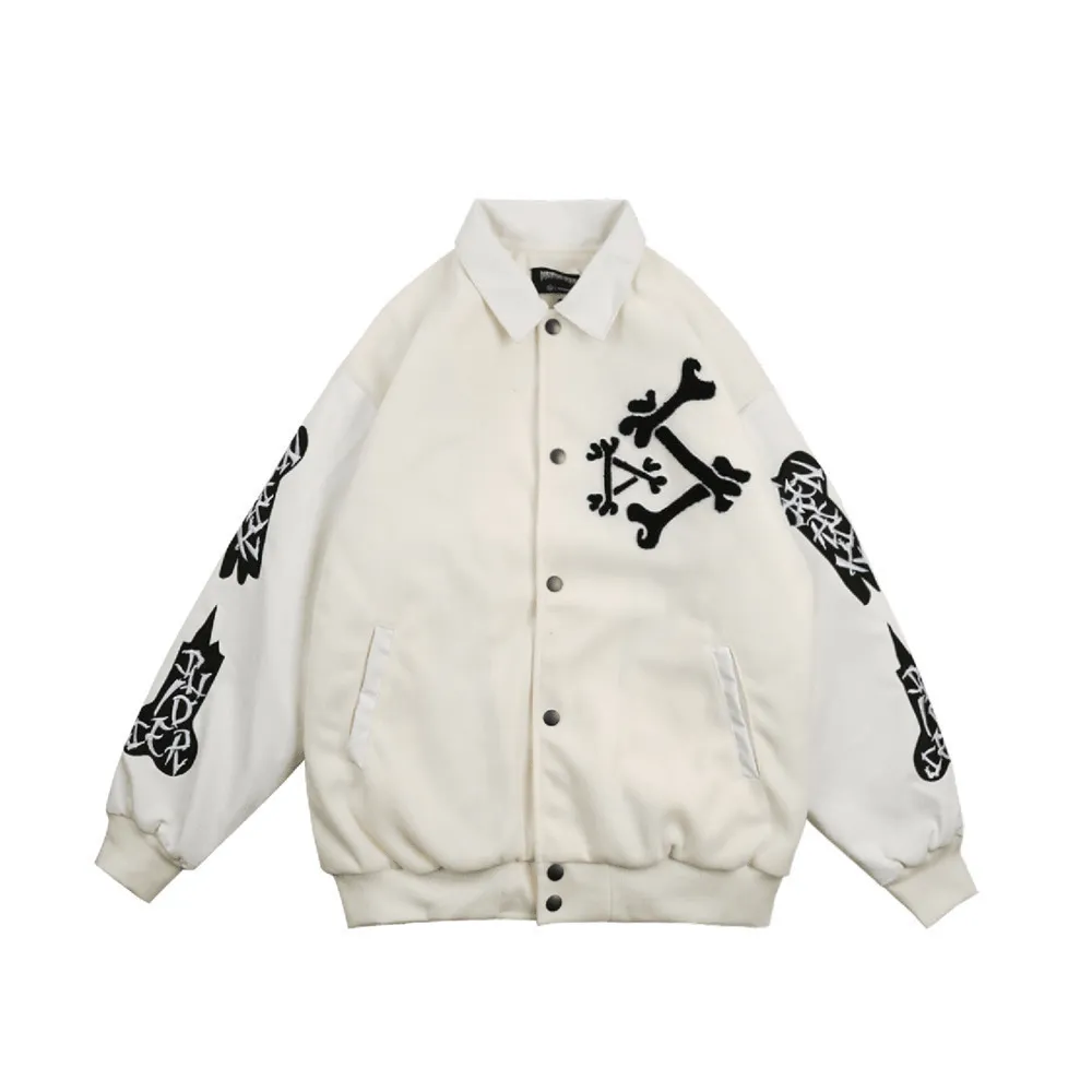 Lightweight Packability Airy Layer Fit Skeleton Embroidery Jacket Coat Loose Lapel Stitching Baseball Uniform