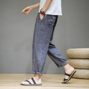 2021 Summer New Linen Casual Pants Men'S Thin Sports Nine-Point Pants Chinese Style Large Size Loose Cotton and Linen Pants Daywear Light Coverage