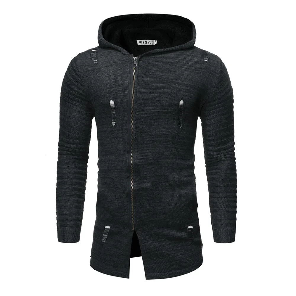 Men'S Casual Knit Sweater Diagonal Pull Hole Hooded Cardigan Sweater Men Winter Must-Have Wear