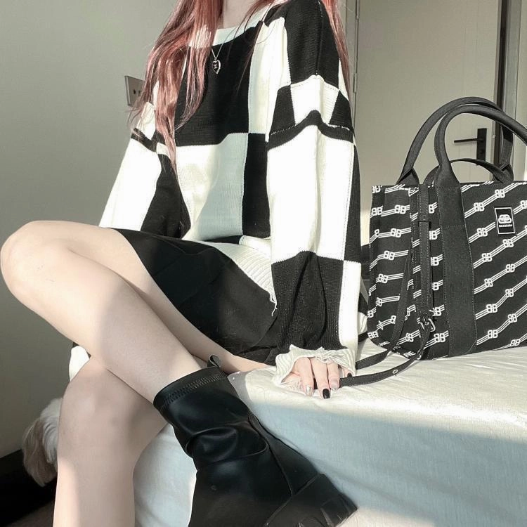 Ripped Plaid Sweater Women's Knitted Blouse Thermal Lock Stitching Sporty Flex