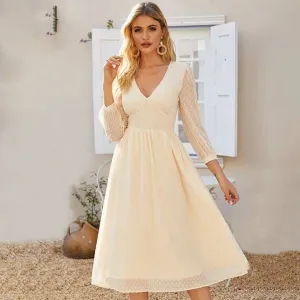 Elegant V-Neck Chiffon Midi Dress for Women Elastic-Waist