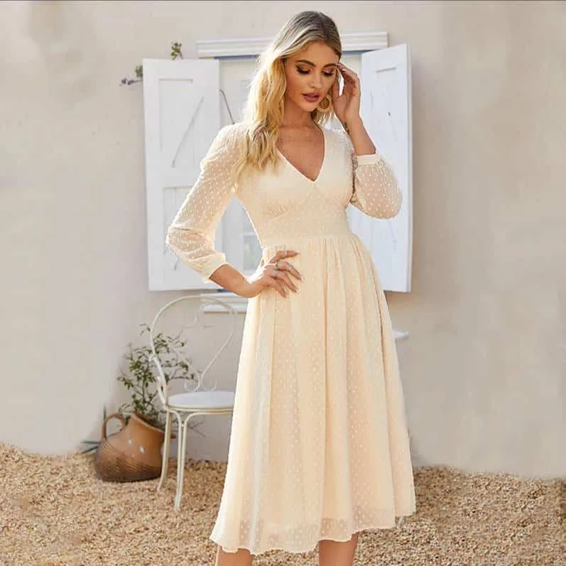 Relax Draping Elegant V-Neck Chiffon Midi Dress for Women