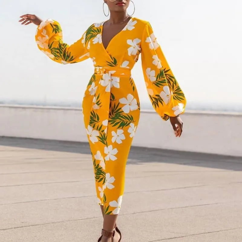 Stylish Wear Yellow Floral Printed Bodycon Dress for Women