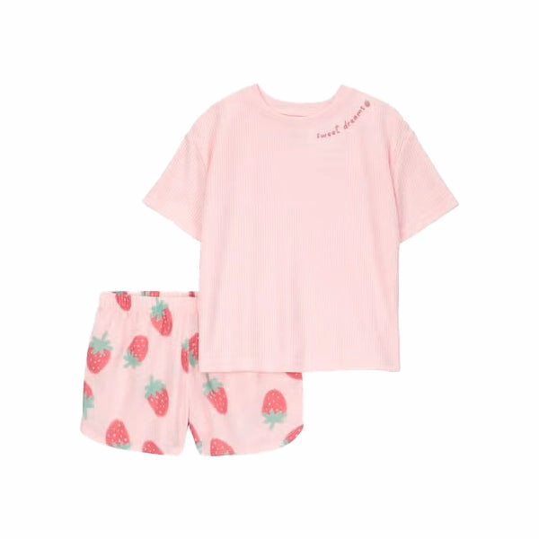 Versatile Layering Cut Multi Panel Design Girls' 2-Piece Short-Sleeve Strawberry Pajama Set 3S396610