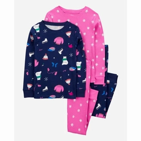 Girls' 4-Piece Ice Skate & Snowflake Pajama Set 3R926310 Lightweight Blouse Double Layered Hem