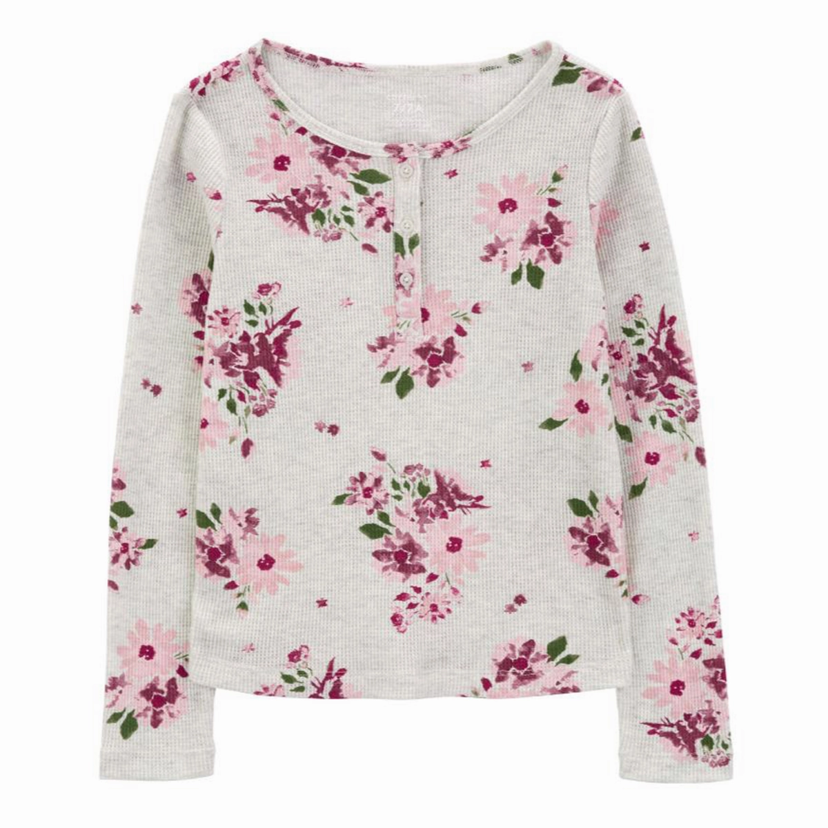 Relaxed Blouse Smooth Stitching Girls' Floral Waffle Knit Long-Sleeve Shirt 3R5146