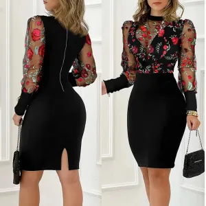 packable Women's Elegant Round Neck Long Sleeve See Through Floral Print Bodycon Dress For Spring & Summer