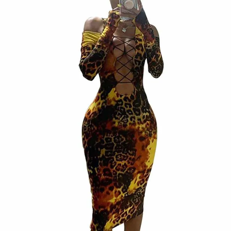 Pleated-Skirt Full Sleeves Leopard Printed Dress for Women