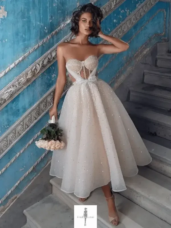 Elegant Shining Wedding Dress With Bow Easy Draping