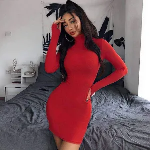 City Essential Beach Moment Women's Ribbed Knitted Turtleneck Mini Dress