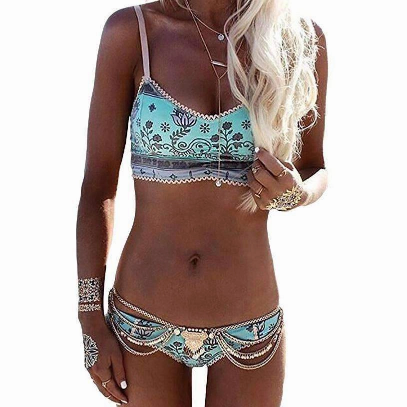Color-Blocking Pool Attire Green Gypsy Bohemian Print Balconette Bikini Swimsuit