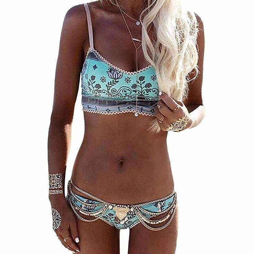 Green Gypsy Bohemian Print Balconette Bikini Swimsuit Comfort Swim