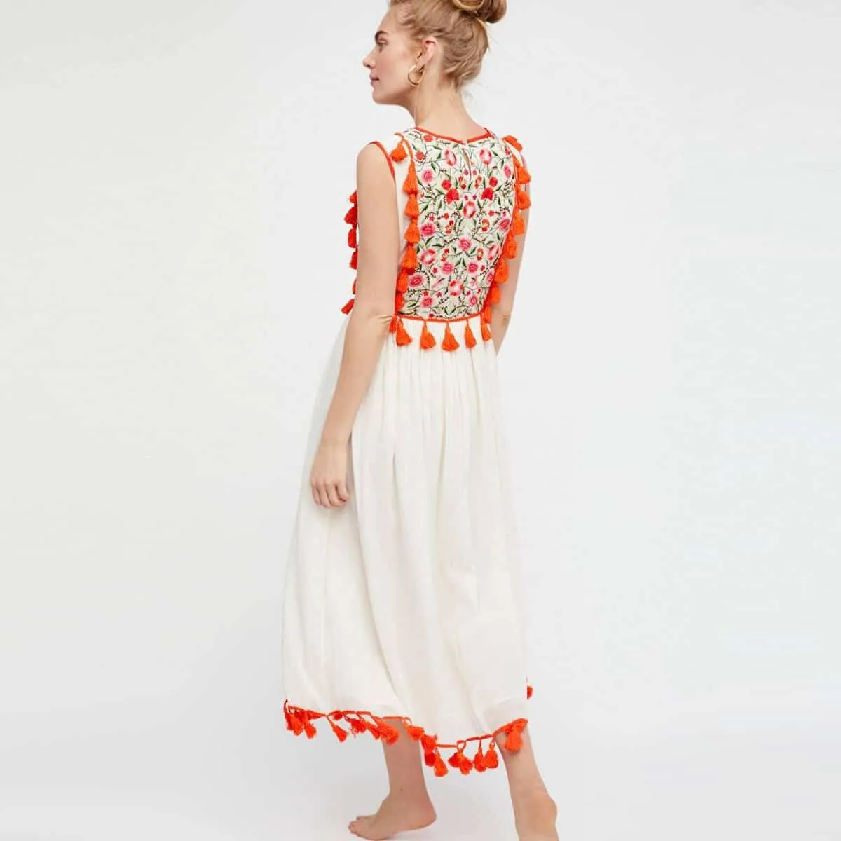 Hand Embroidered Tassel Midi Dress Cute Touch
