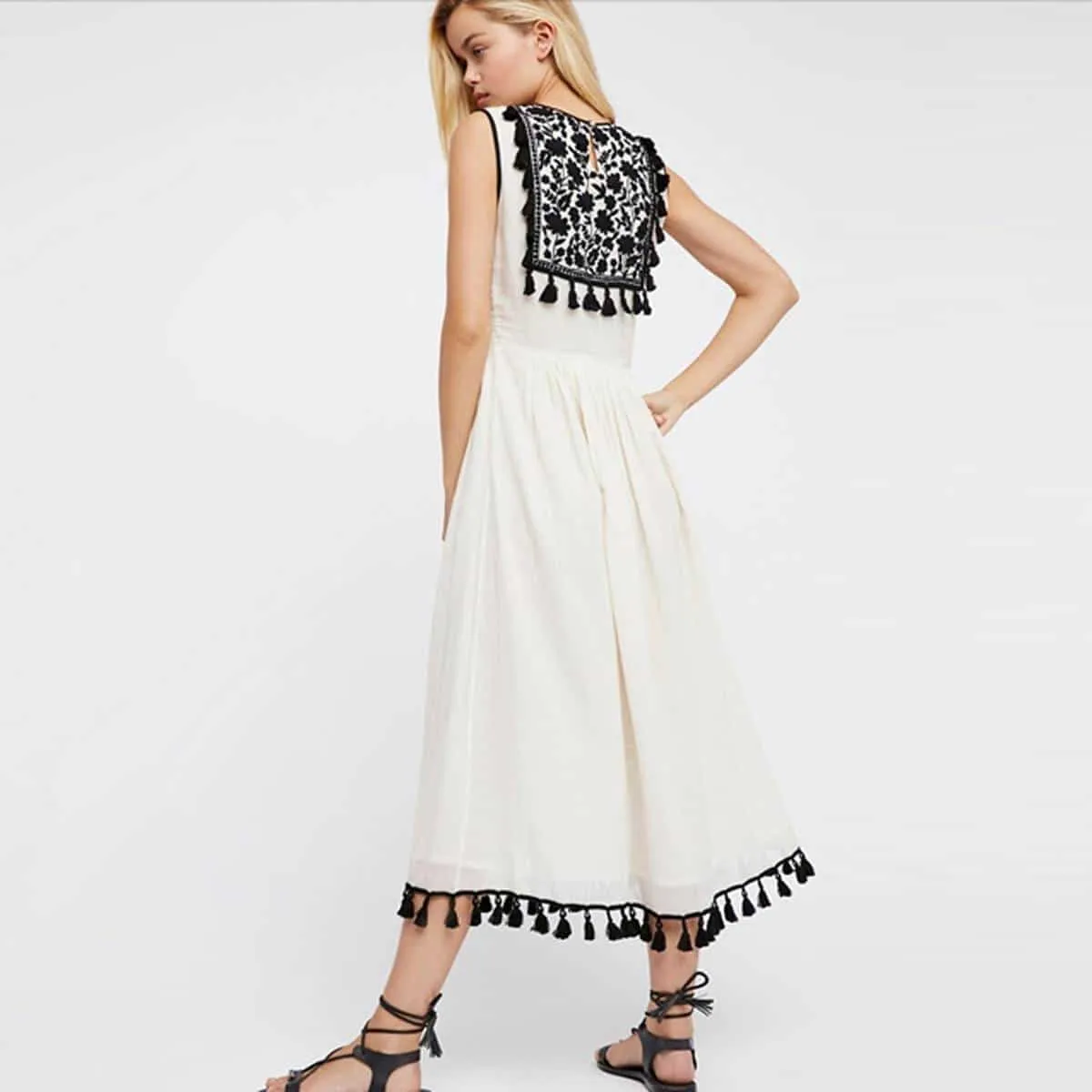 Hand Embroidered Tassel Midi Dress Trendy midi dress