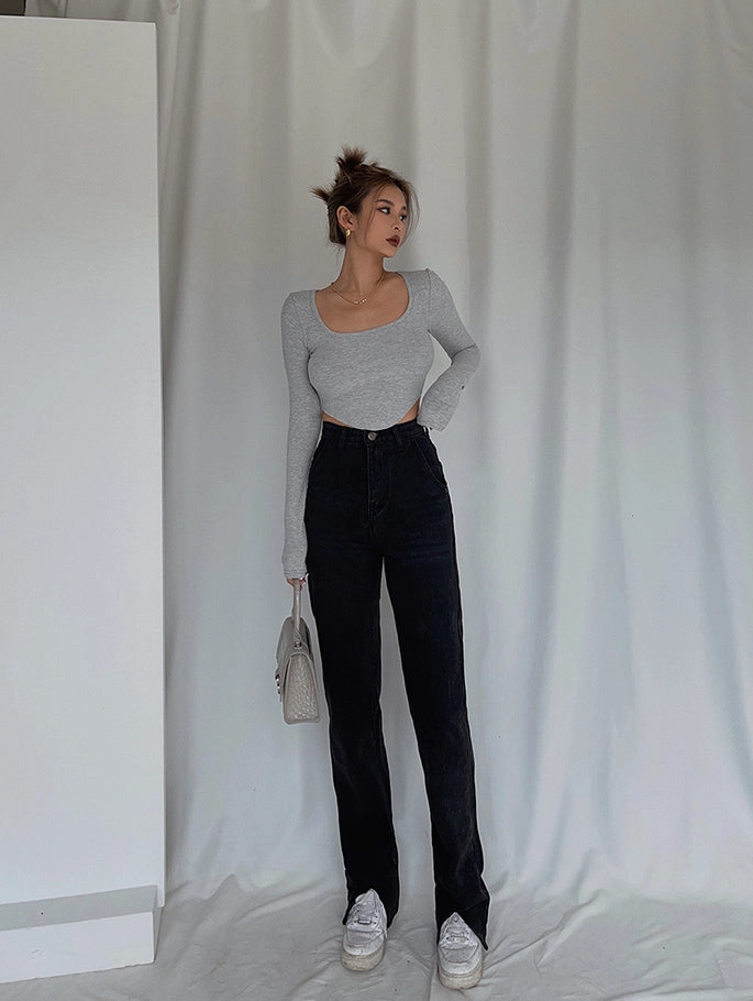 Handsome Cool Stylish Front Slit High Waist Jeans Mop Gym Ready Evening Stroll Favorite Basic