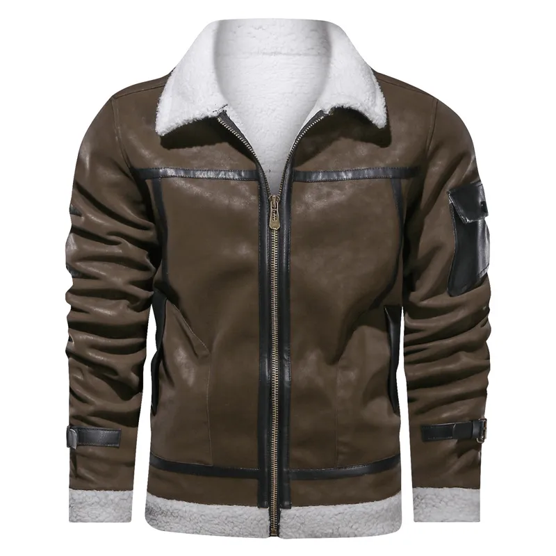 Men'S European and American Style Lapel plus Velvet Leather Jacket Full Length Zipper Anti Pilling Fabric