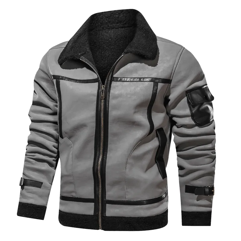 Men'S European and American Style Lapel plus Velvet Leather Jacket No Smell