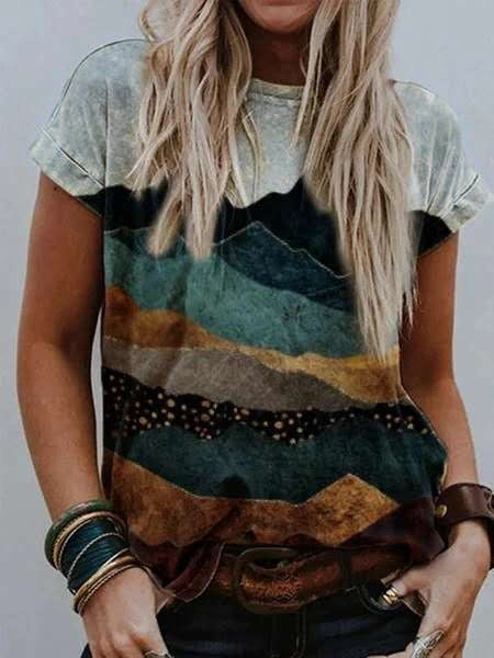 Ladies' Landscape Print Short Sleeve T-Shirt Shirt Sustainable Fabric