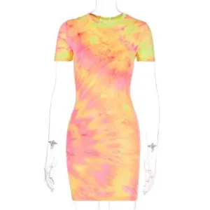 Power Soft Basic Warm Rainbow Neon Tye Dye Mini Dress for Women