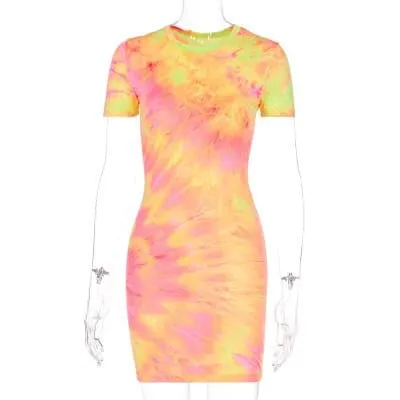 Relaxed Waistband Rainbow Neon Tye Dye Mini Dress for Women