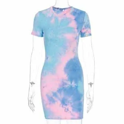 Rainbow Neon Tye Dye Mini Dress for Women Raw-Hem Machine-washable